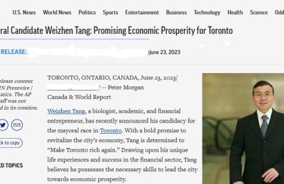 近300家加拿大和美国英文媒体报道多伦多华人市长候选人唐炜臻